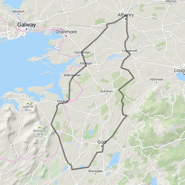 Map miniature of "Athenry to Kinvarra Coastal Tour" cycling inspiration in Northern and Western, Ireland. Generated by Tarmacs.app cycling route planner