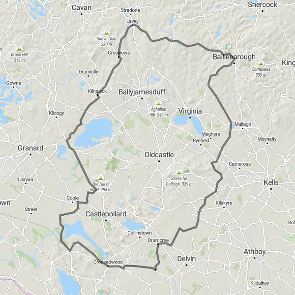 Map miniature of "Bailieborough to Drumcree via Mullagh Hill and Crossakeel" cycling inspiration in Northern and Western, Ireland. Generated by Tarmacs.app cycling route planner