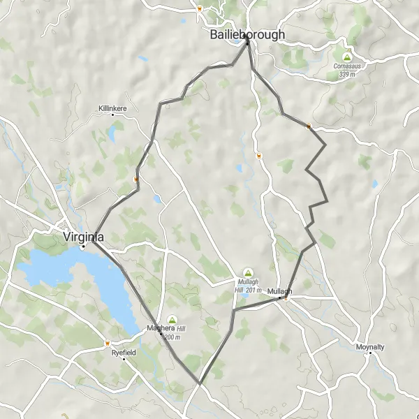 Map miniature of "Bailieborough to Virginia via Bruise Hill" cycling inspiration in Northern and Western, Ireland. Generated by Tarmacs.app cycling route planner