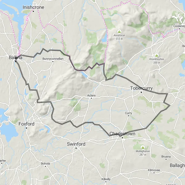 Map miniature of "Tobercurry Escape" cycling inspiration in Northern and Western, Ireland. Generated by Tarmacs.app cycling route planner