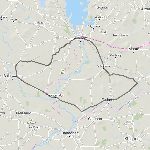 Map miniature of "Ballinasloe to Shannonbridge Scenic Tour" cycling inspiration in Northern and Western, Ireland. Generated by Tarmacs.app cycling route planner