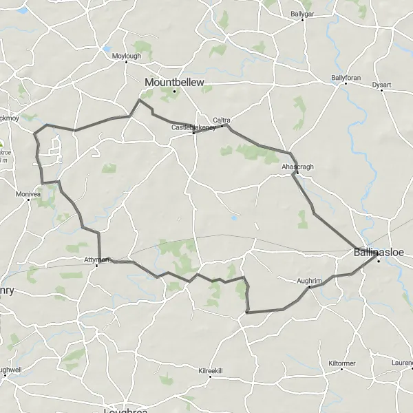 Map miniature of "Aughrim to Castleblakeney Loop" cycling inspiration in Northern and Western, Ireland. Generated by Tarmacs.app cycling route planner