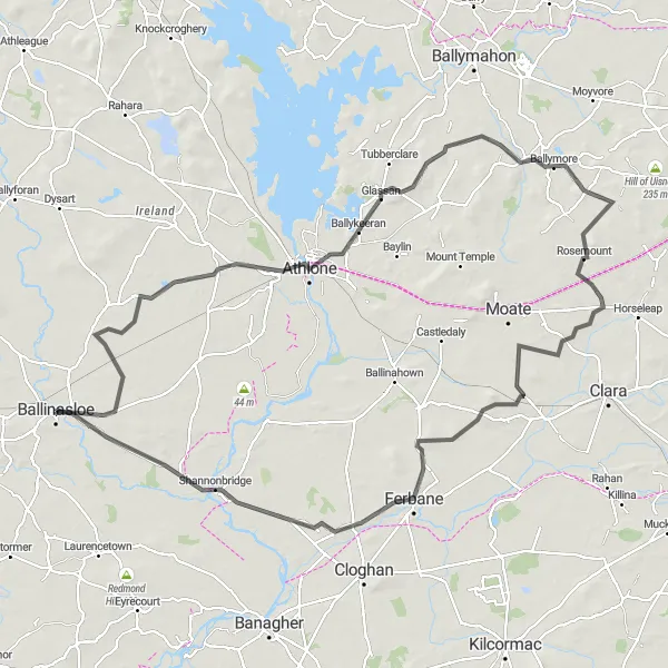 Map miniature of "Ballinasloe to Shannonbridge Circular Tour" cycling inspiration in Northern and Western, Ireland. Generated by Tarmacs.app cycling route planner