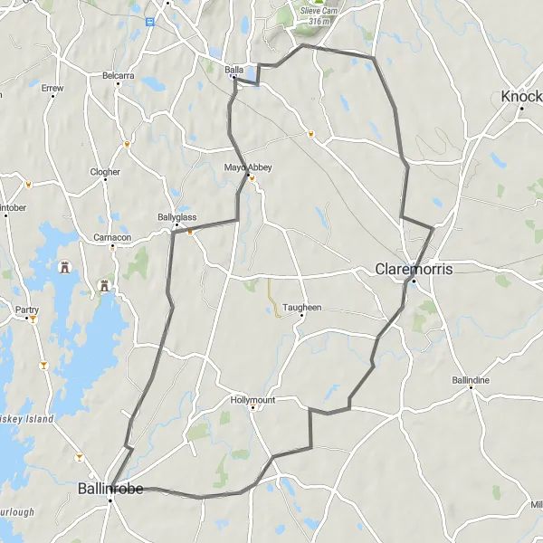 Map miniature of "Ballinrobe Loop" cycling inspiration in Northern and Western, Ireland. Generated by Tarmacs.app cycling route planner