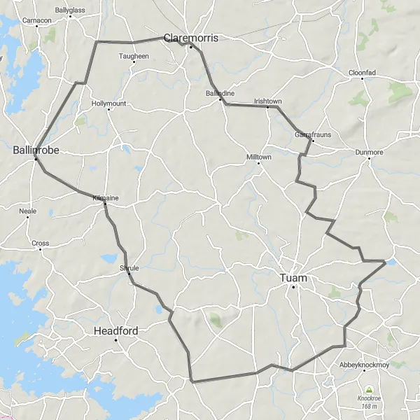Map miniature of "The Rolling Hills of Ballinrobe" cycling inspiration in Northern and Western, Ireland. Generated by Tarmacs.app cycling route planner