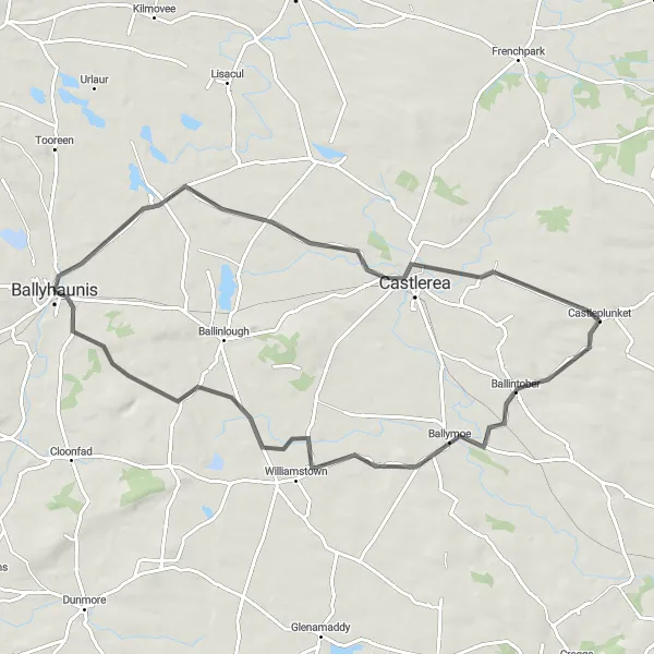 Map miniature of "Castlerea and Ballymoe Loop" cycling inspiration in Northern and Western, Ireland. Generated by Tarmacs.app cycling route planner