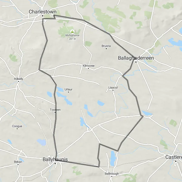 Map miniature of "Charlestown and Ballaghaderreen Circuit" cycling inspiration in Northern and Western, Ireland. Generated by Tarmacs.app cycling route planner