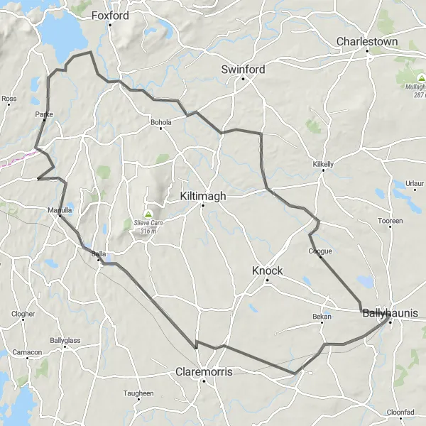 Map miniature of "Balla and Turlough Circuit" cycling inspiration in Northern and Western, Ireland. Generated by Tarmacs.app cycling route planner