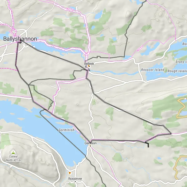 Map miniature of "The Belleek Loop" cycling inspiration in Northern and Western, Ireland. Generated by Tarmacs.app cycling route planner