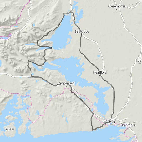 Map miniature of "Connemara Marble and Lough Corrib" cycling inspiration in Northern and Western, Ireland. Generated by Tarmacs.app cycling route planner