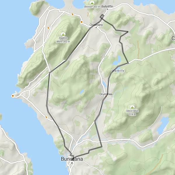 Map miniature of "Scenic Views of Inishowen" cycling inspiration in Northern and Western, Ireland. Generated by Tarmacs.app cycling route planner