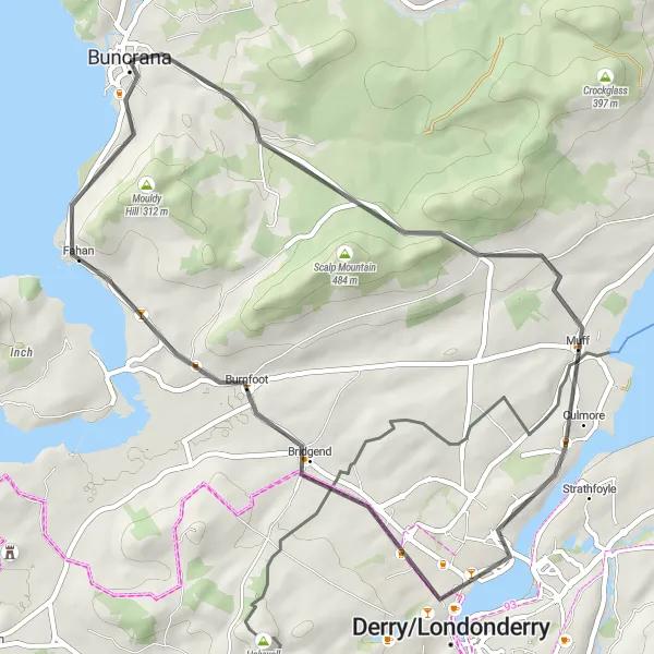 Map miniature of "Buncrana to Iscaheen Loop" cycling inspiration in Northern and Western, Ireland. Generated by Tarmacs.app cycling route planner