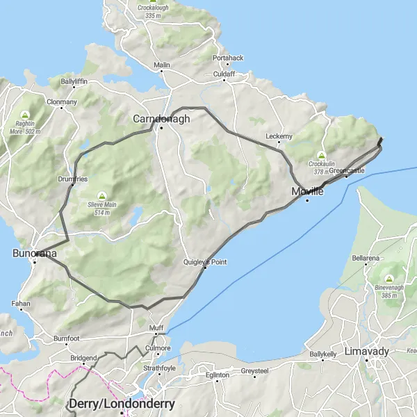 Map miniature of "Buncrana to Stroove Exploration" cycling inspiration in Northern and Western, Ireland. Generated by Tarmacs.app cycling route planner