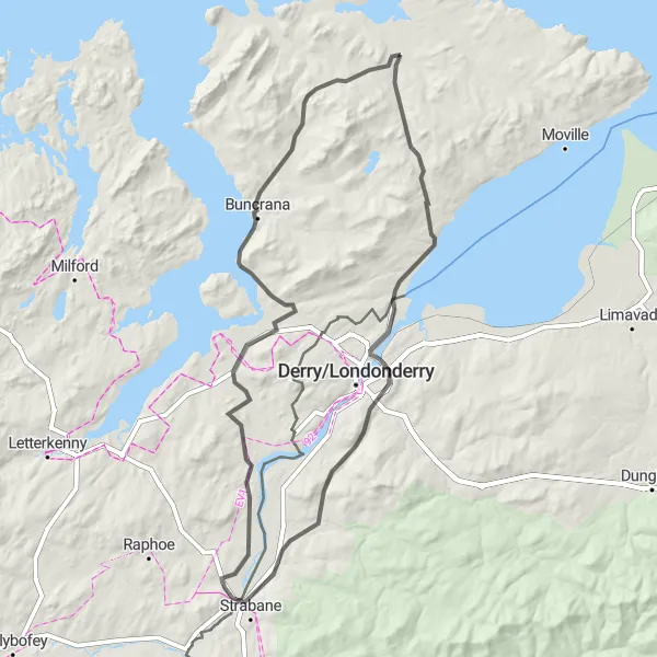 Map miniature of "The Inishowen Peninsula Loop" cycling inspiration in Northern and Western, Ireland. Generated by Tarmacs.app cycling route planner