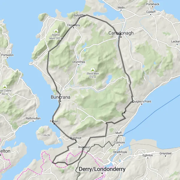 Map miniature of "The Buncrana Adventure" cycling inspiration in Northern and Western, Ireland. Generated by Tarmacs.app cycling route planner