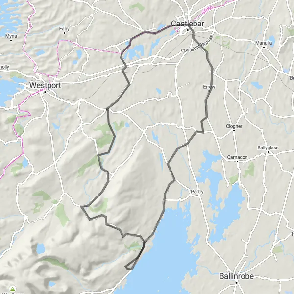 Map miniature of "Castlebar to Ballintubber Abbey Loop" cycling inspiration in Northern and Western, Ireland. Generated by Tarmacs.app cycling route planner