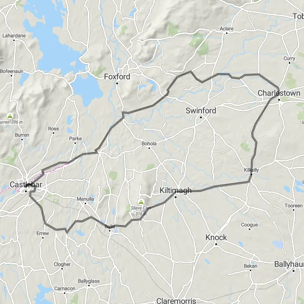 Map miniature of "Castlebar to Charlestown Loop" cycling inspiration in Northern and Western, Ireland. Generated by Tarmacs.app cycling route planner