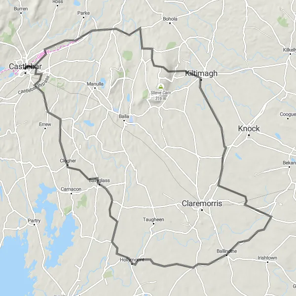Map miniature of "Castlebar to Hollymount Adventure" cycling inspiration in Northern and Western, Ireland. Generated by Tarmacs.app cycling route planner