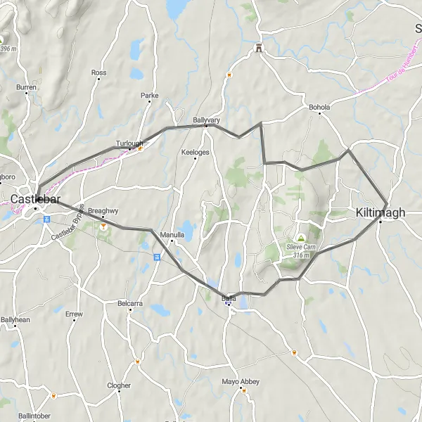 Map miniature of "Castlebar-Ballyvary-Kiltimagh-Balla-Castlebar" cycling inspiration in Northern and Western, Ireland. Generated by Tarmacs.app cycling route planner