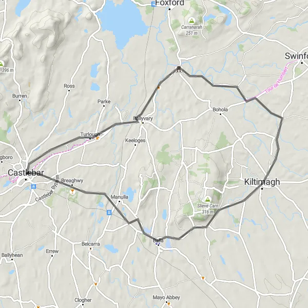 Map miniature of "The Castlebar Loop" cycling inspiration in Northern and Western, Ireland. Generated by Tarmacs.app cycling route planner