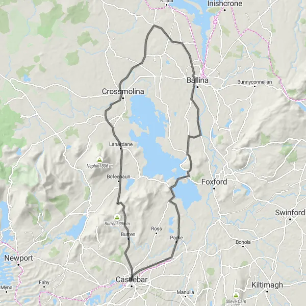 Map miniature of "Castlebar-Crossmolina-Ballina-Lough Cullin-Pontoon-Castlebar" cycling inspiration in Northern and Western, Ireland. Generated by Tarmacs.app cycling route planner