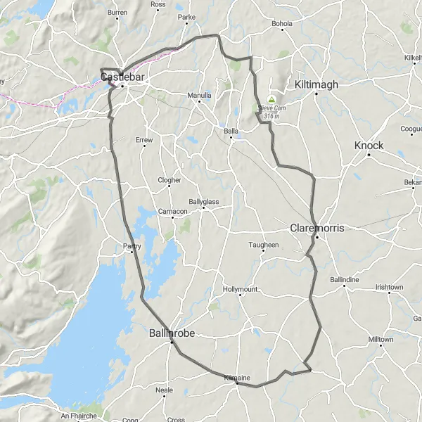 Map miniature of "Castlebar-Ballyvary-Claremorris-Kilmaine-Ballinrobe-Barry Castle-Castlebar" cycling inspiration in Northern and Western, Ireland. Generated by Tarmacs.app cycling route planner