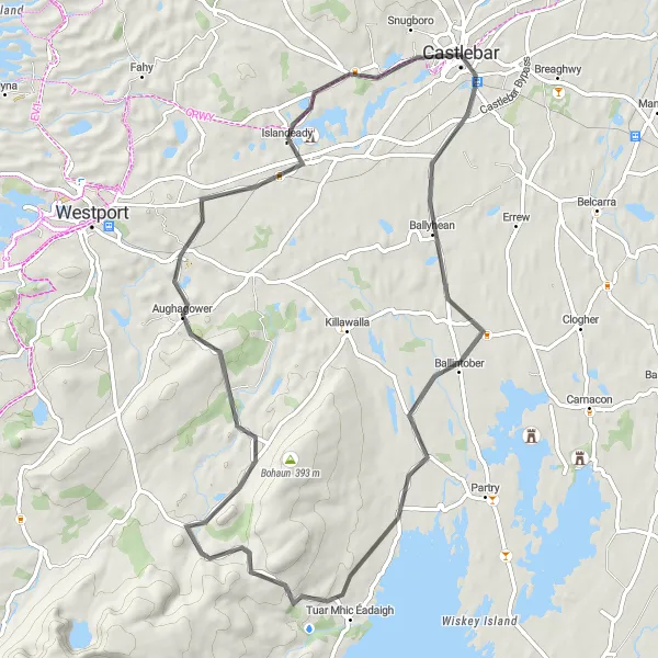 Map miniature of "Castlebar-Ballintubber Abbey-Aughagower-Castlebar" cycling inspiration in Northern and Western, Ireland. Generated by Tarmacs.app cycling route planner