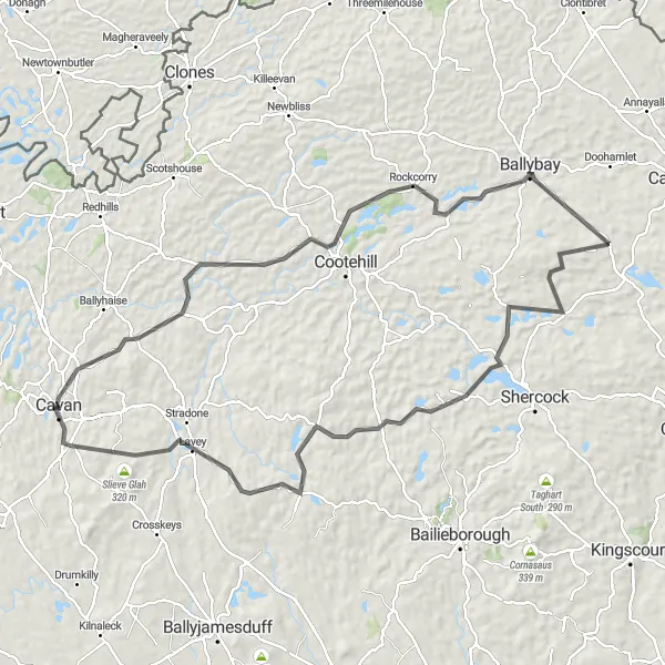 Map miniature of "Rockcorry Route" cycling inspiration in Northern and Western, Ireland. Generated by Tarmacs.app cycling route planner