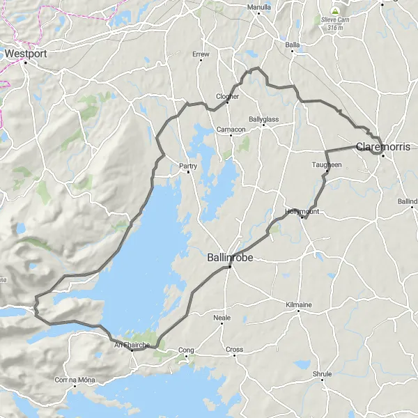 Map miniature of "Claremorris to Hollymount Loop" cycling inspiration in Northern and Western, Ireland. Generated by Tarmacs.app cycling route planner