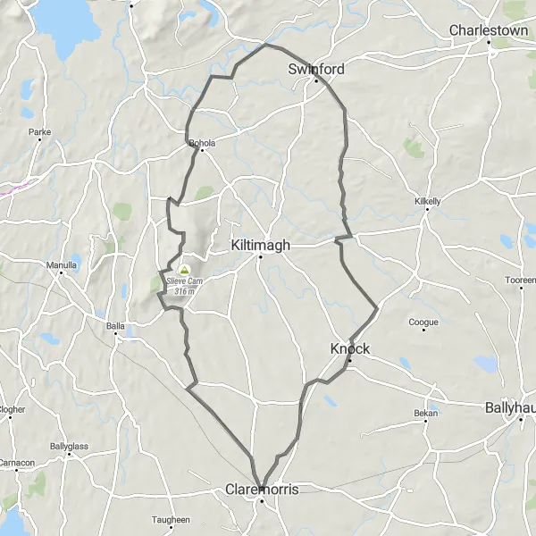 Map miniature of "Claremorris to Swinford Loop" cycling inspiration in Northern and Western, Ireland. Generated by Tarmacs.app cycling route planner