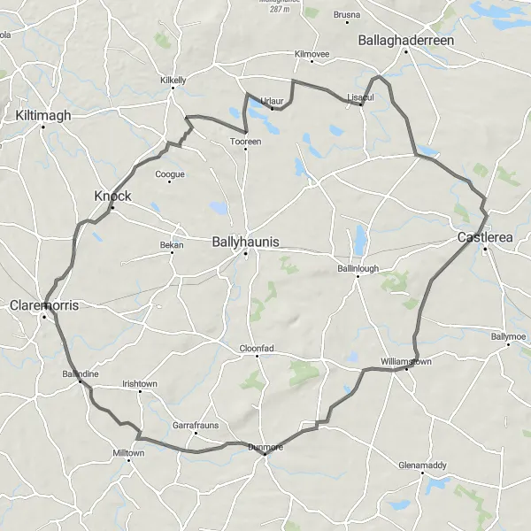Map miniature of "Claremorris to Castlerea" cycling inspiration in Northern and Western, Ireland. Generated by Tarmacs.app cycling route planner