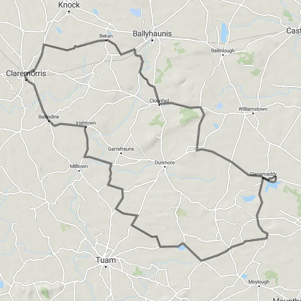 Map miniature of "Claremorris to Glenamaddy Loop" cycling inspiration in Northern and Western, Ireland. Generated by Tarmacs.app cycling route planner