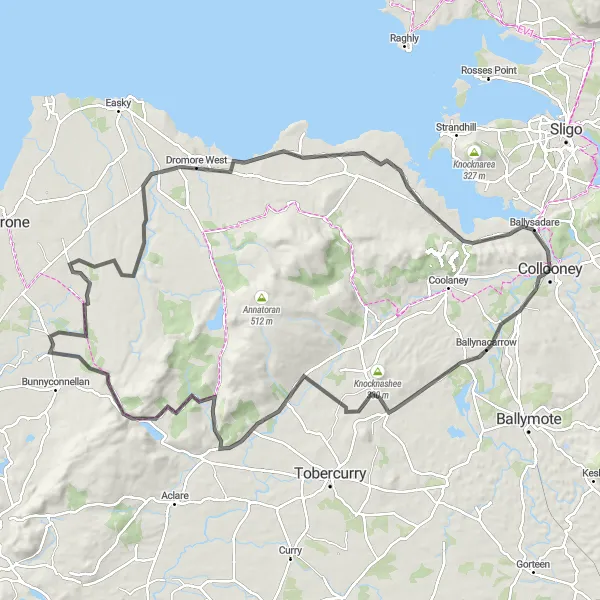 Map miniature of "The Ballynacarrow and Dromore West Loop" cycling inspiration in Northern and Western, Ireland. Generated by Tarmacs.app cycling route planner