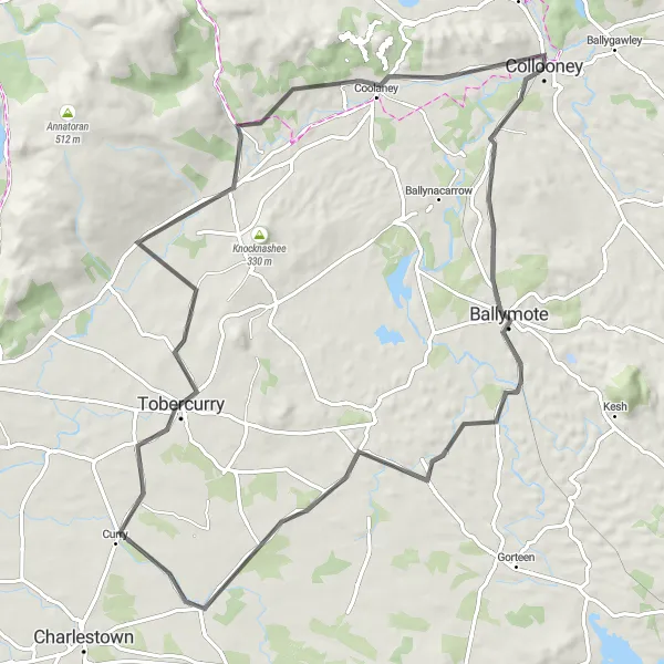 Map miniature of "The Ballymote and Coolaney Adventure" cycling inspiration in Northern and Western, Ireland. Generated by Tarmacs.app cycling route planner