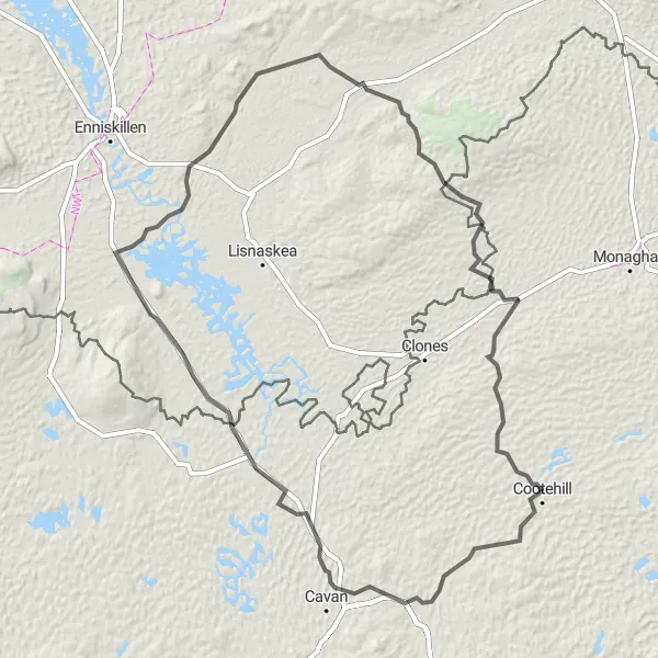 Map miniature of "Cootehill to Newbliss Road Loop" cycling inspiration in Northern and Western, Ireland. Generated by Tarmacs.app cycling route planner