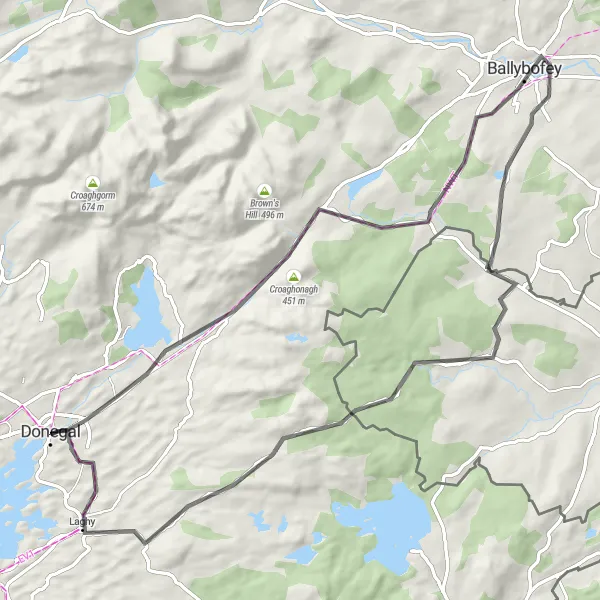 Map miniature of "Stranorlar Adventure Route" cycling inspiration in Northern and Western, Ireland. Generated by Tarmacs.app cycling route planner