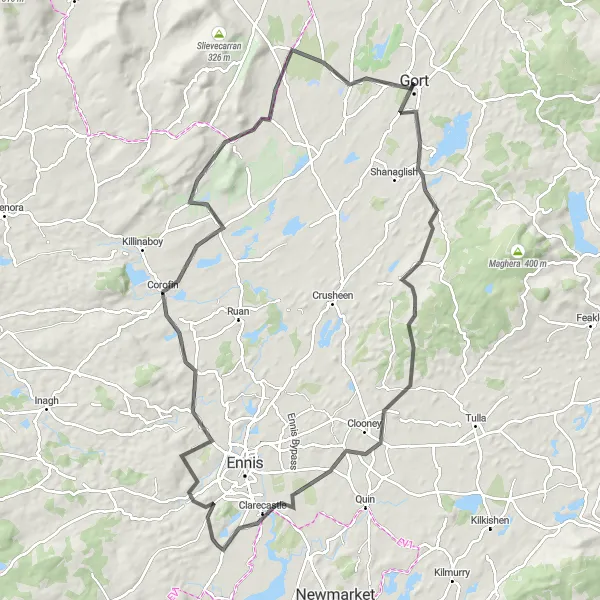 Map miniature of "Castles and Landscapes: Gort to Corofin" cycling inspiration in Northern and Western, Ireland. Generated by Tarmacs.app cycling route planner