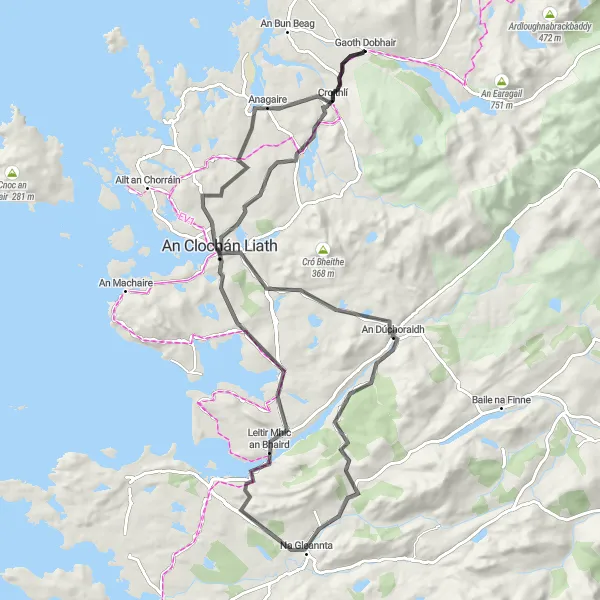 Map miniature of "Donegal Delights" cycling inspiration in Northern and Western, Ireland. Generated by Tarmacs.app cycling route planner
