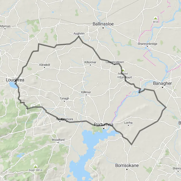 Map miniature of "Loughrea to<br/>Aughrim Round Trip Cycling Route" cycling inspiration in Northern and Western, Ireland. Generated by Tarmacs.app cycling route planner