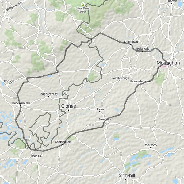 Map miniature of "Monaghan to Newtownbutler Round Trip" cycling inspiration in Northern and Western, Ireland. Generated by Tarmacs.app cycling route planner