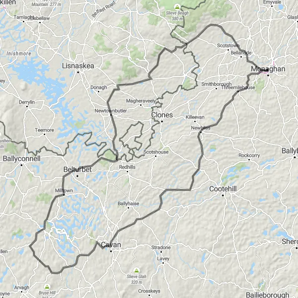 Map miniature of "Monaghan to Bellanode Round Trip" cycling inspiration in Northern and Western, Ireland. Generated by Tarmacs.app cycling route planner