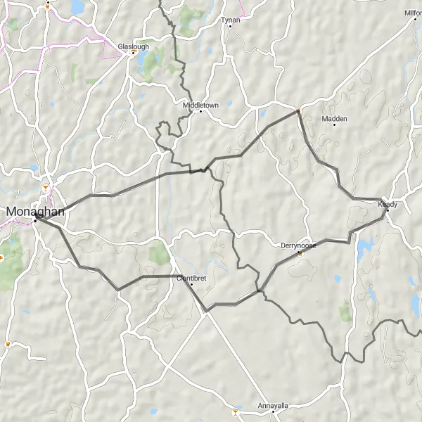 Map miniature of "Monaghan to Clontibret" cycling inspiration in Northern and Western, Ireland. Generated by Tarmacs.app cycling route planner