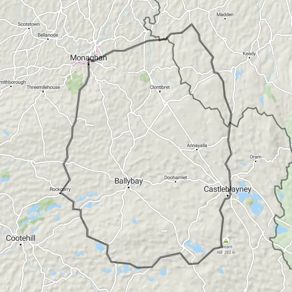 Map miniature of "Monaghan to Paintball Area Round Trip" cycling inspiration in Northern and Western, Ireland. Generated by Tarmacs.app cycling route planner