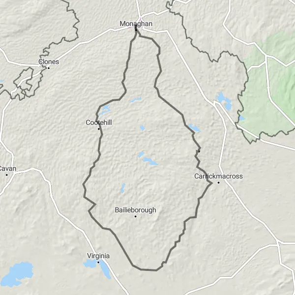 Map miniature of "Monaghan to Kingscourt Round Trip" cycling inspiration in Northern and Western, Ireland. Generated by Tarmacs.app cycling route planner