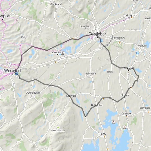 Map miniature of "The Westport Loop" cycling inspiration in Northern and Western, Ireland. Generated by Tarmacs.app cycling route planner