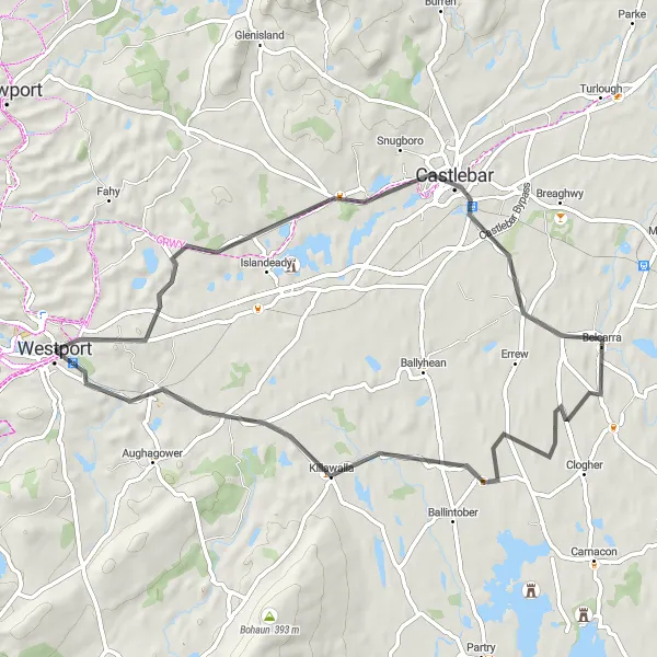 Map miniature of "Westport to Castlebar and Ballintubber Abbey Loop" cycling inspiration in Northern and Western, Ireland. Generated by Tarmacs.app cycling route planner