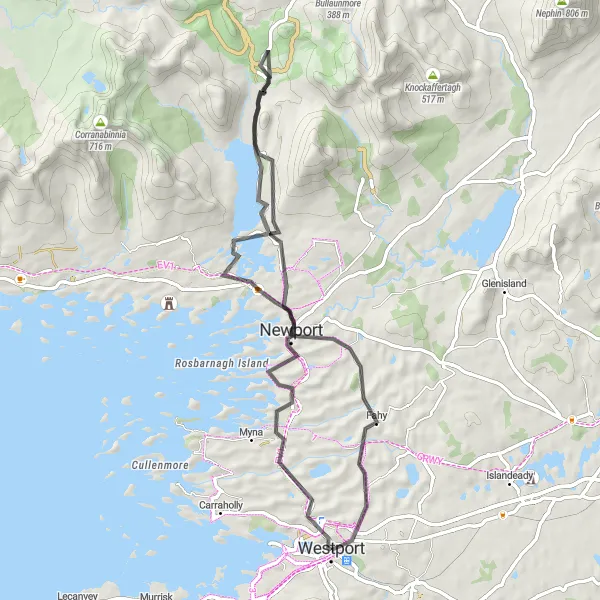 Map miniature of "Westport Adventure with Inishower and Lough Feeagh" cycling inspiration in Northern and Western, Ireland. Generated by Tarmacs.app cycling route planner