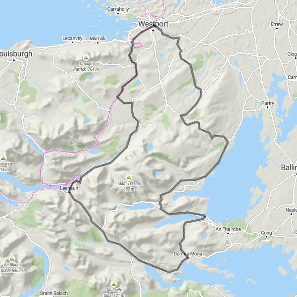 Map miniature of "Westport to Aughagower and Leenaun Loop" cycling inspiration in Northern and Western, Ireland. Generated by Tarmacs.app cycling route planner