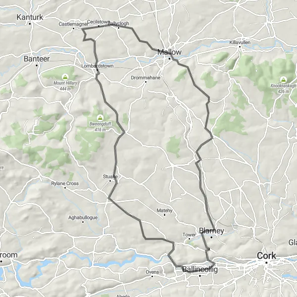 Map miniature of "Ballincollig and Beyond" cycling inspiration in Southern, Ireland. Generated by Tarmacs.app cycling route planner