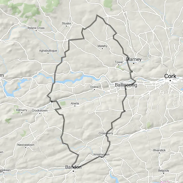 Map miniature of "The Coachford Loop" cycling inspiration in Southern, Ireland. Generated by Tarmacs.app cycling route planner